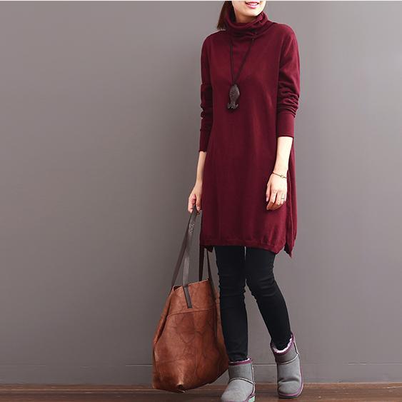 burgundy spring cotton dresses oversize shirt dress - Omychic