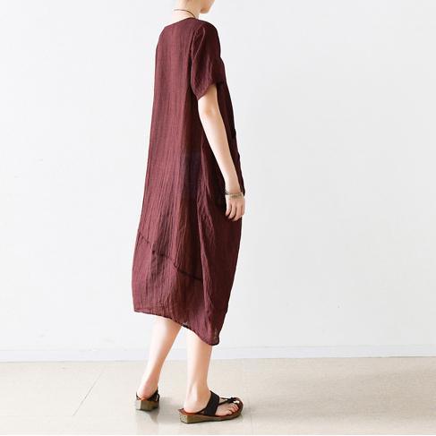 burgundy summer maxi dress oversize pockets sundress casual short sleeve baggy dresses - Omychic