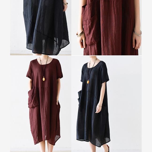 burgundy summer maxi dress oversize pockets sundress casual short sleeve baggy dresses - Omychic