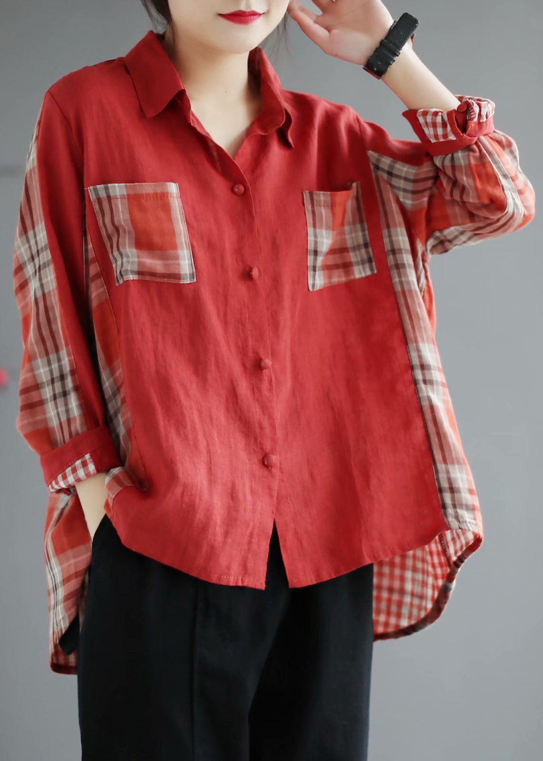 Fashion Red Plaid Patchwork PeterPan Collar Button Fall Shirt Long sleeve