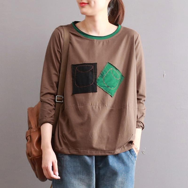 chocolate patch cotton blouse plus size patchwork warm pullover - Omychic