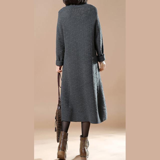 chunky dark gray sweater dress oversize long knit sweaters casual long knit gown sweaters turtle neck - Omychic