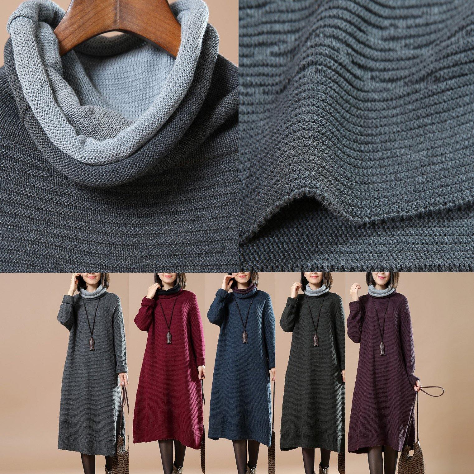 chunky dark gray sweater dress oversize long knit sweaters casual long knit gown sweaters turtle neck - Omychic