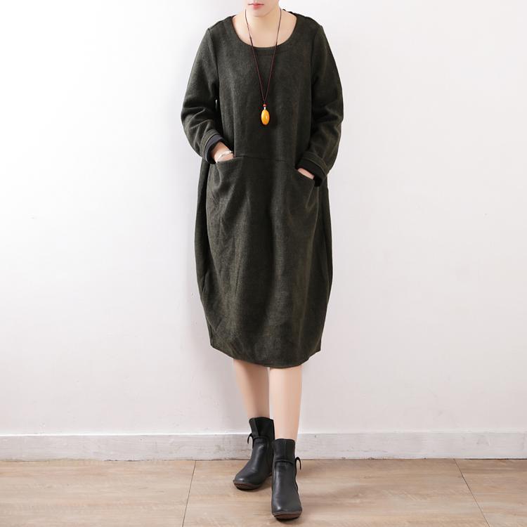 cozy black wool sweater dress casual o neck winter dress pockets pullover sweater - Omychic