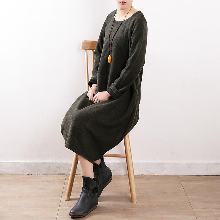 cozy black wool sweater dress casual o neck winter dress pockets pullover sweater - Omychic