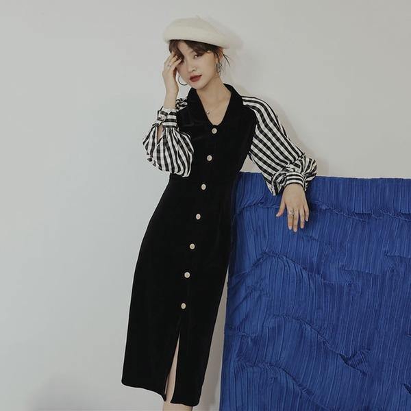 Vintage V-neck Collar Slim Pullover Women Dress Spring and Autumn All-match - Omychic