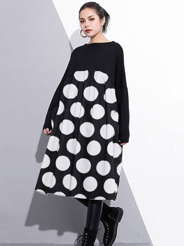 Black&White Polka-Dot Split-Joint Midi Dress