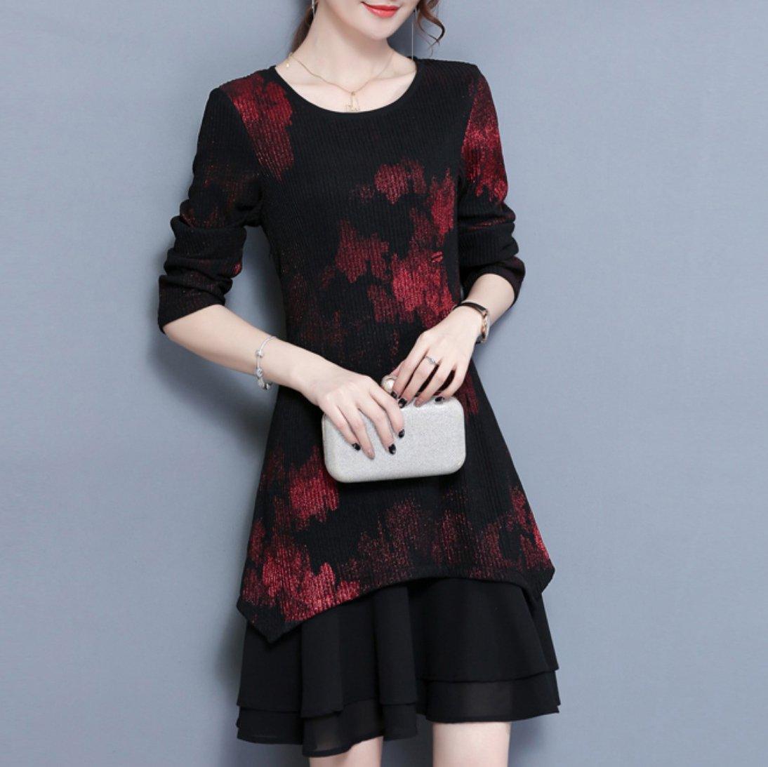 fashion cute red prints knit dresses plus size patchwork chiffon dress - Omychic