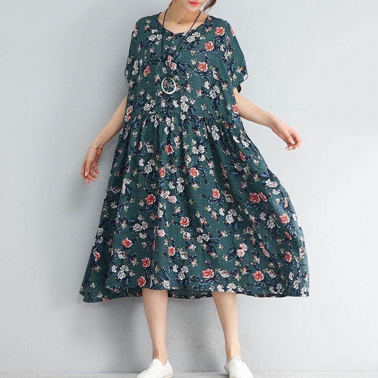 fashion navy floral pure linen dresses trendy plus size linen cotton dress Elegant o neck short sleeve knee dresses - Omychic