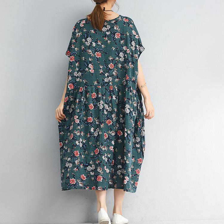 fashion navy floral pure linen dresses trendy plus size linen cotton dress Elegant o neck short sleeve knee dresses - Omychic