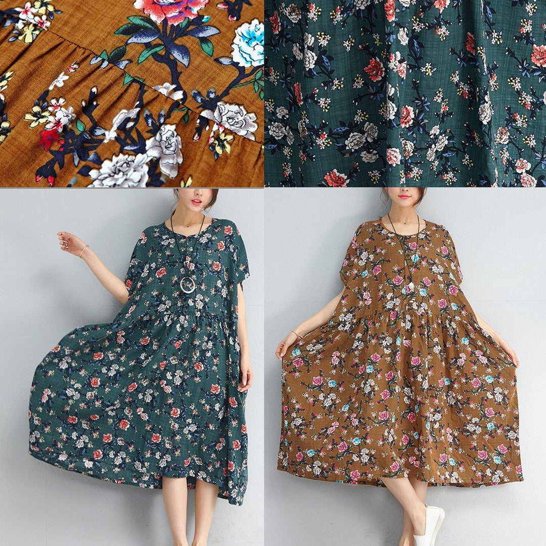 fashion navy floral pure linen dresses trendy plus size linen cotton dress Elegant o neck short sleeve knee dresses - Omychic