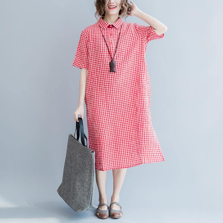 fashion red plaid long linen dresses oversized side open cotton maxi dress Elegant short sleeve traveling dress - Omychic