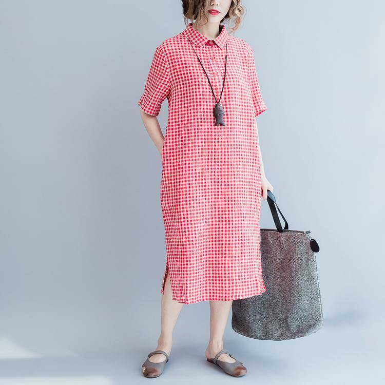 fashion red plaid long linen dresses oversized side open cotton maxi dress Elegant short sleeve traveling dress - Omychic