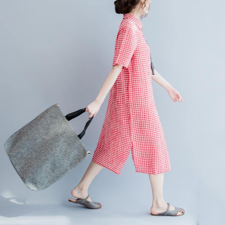 fashion red plaid long linen dresses oversized side open cotton maxi dress Elegant short sleeve traveling dress - Omychic