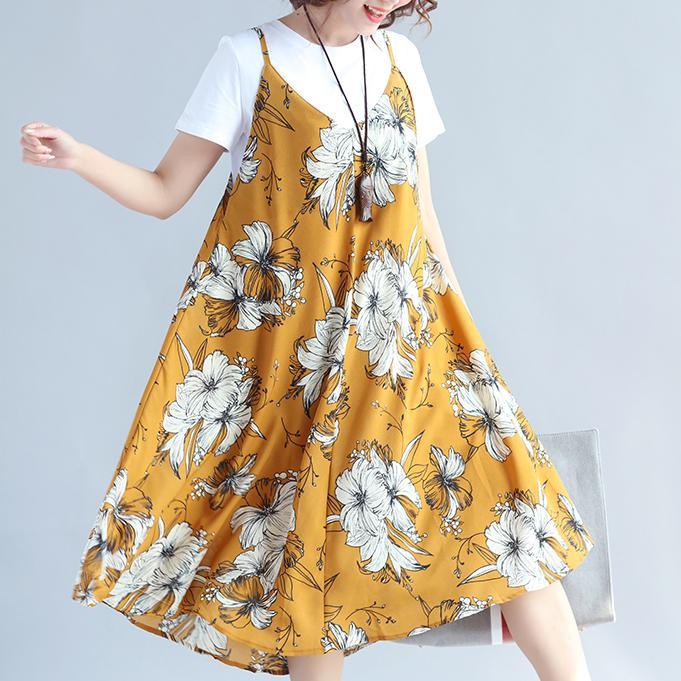 fashion yellow prints Midi-length chiffon sleeveless dress plus size traveling dress and cotton tops casual two pieces - Omychic