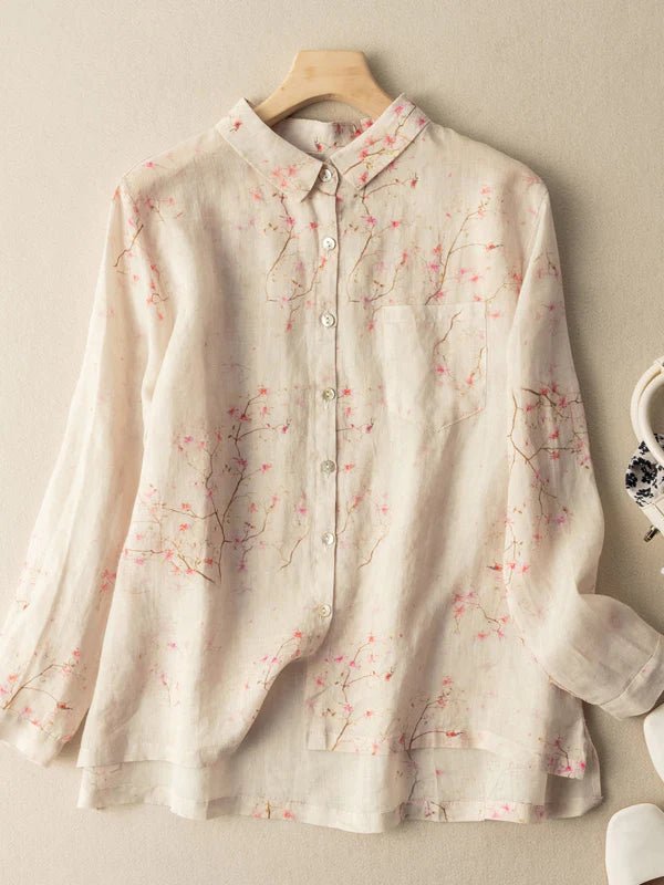 Ramie Floral Print Casual Loose Shirt Long Sleeve