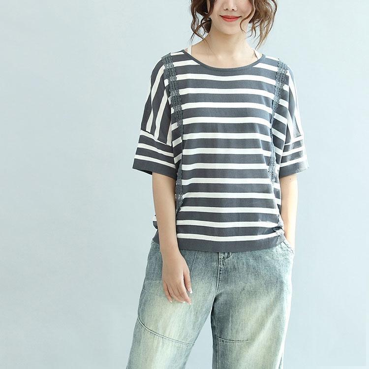 gray white striped casual cotton blouse plus size t shirt o neck tops - Omychic