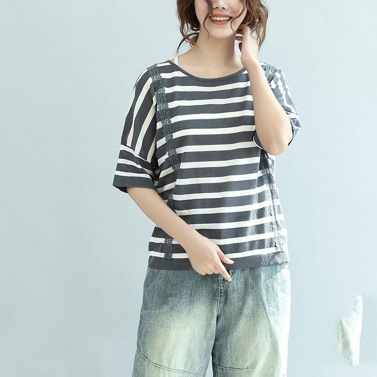 gray white striped casual cotton blouse plus size t shirt o neck tops - Omychic