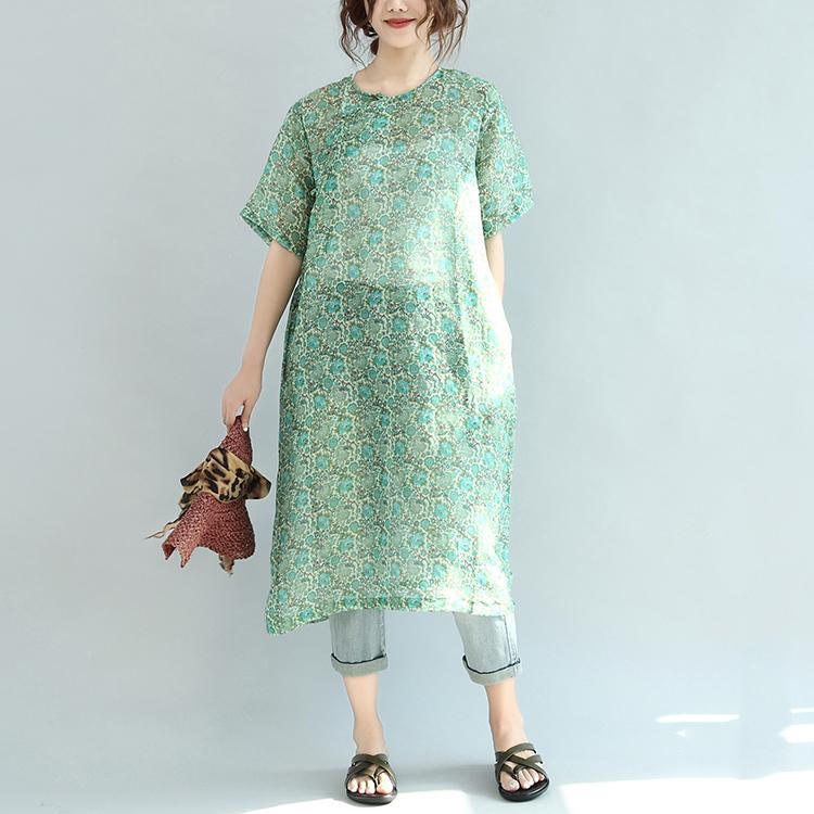 green floral silk linen mandarin dresses plus size sundress half sleeve maxi dress - Omychic