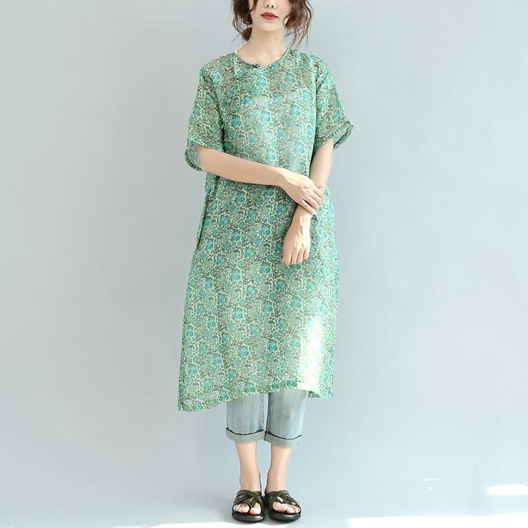 green floral silk linen mandarin dresses plus size sundress half sleeve maxi dress - Omychic