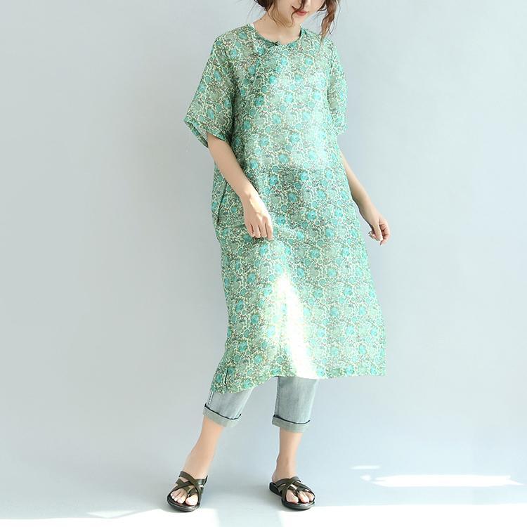 green floral silk linen mandarin dresses plus size sundress half sleeve maxi dress - Omychic