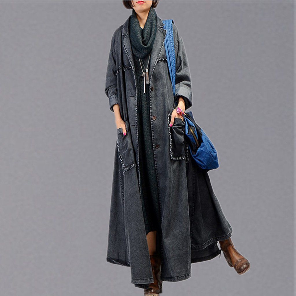 Irregular Denim Long Trench Coat Long Sleeve