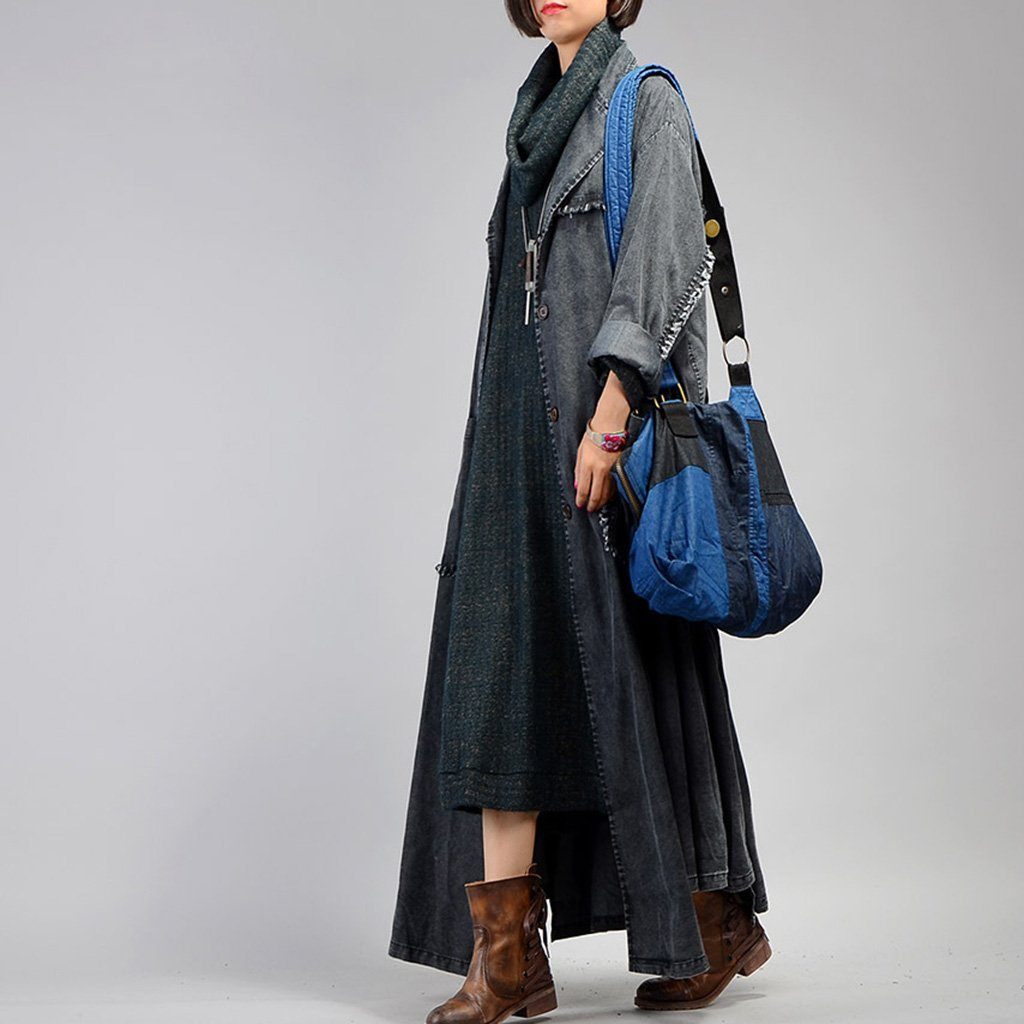 Irregular Denim Long Trench Coat Long Sleeve