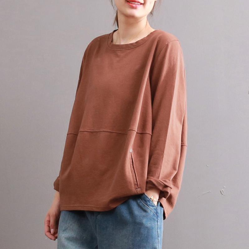 khaki casual solid cotton t shirt oversize patchwork 2017 fall pullover - Omychic