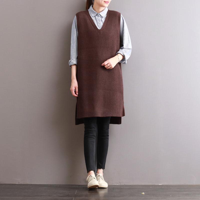 khaki fashion v neck cotton knit blouse low high loose waistcoats - Omychic