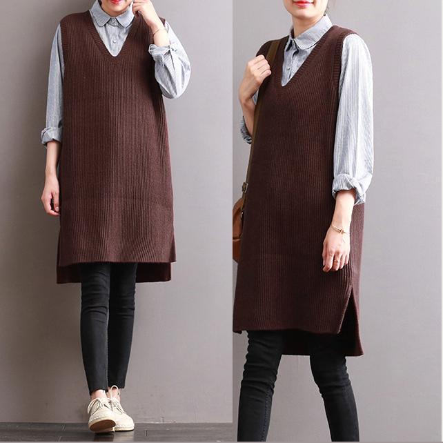 khaki fashion v neck cotton knit blouse low high loose waistcoats - Omychic