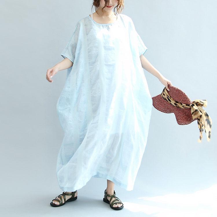 light blue stylish linen dresses plus size casual sundress short sleeve cotton maxi dress - Omychic