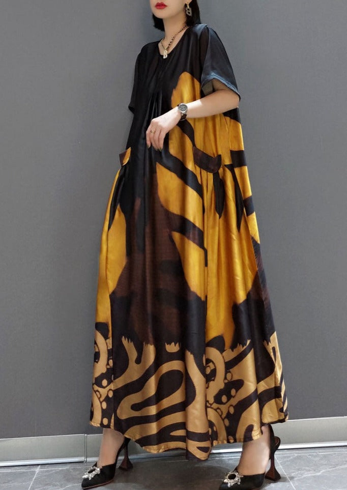 Loose Yellow O-Neck Print Satin Maxi Dress Short Sleeve