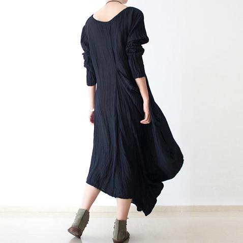 Navy Casual Ruffles Linen Dress Plus Size Asymmetric Sundress Short Sleeve Maxi Dress ( Limited Stock) - Omychic