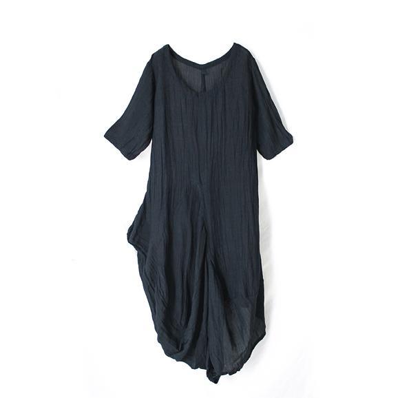 Navy Casual Ruffles Linen Dress Plus Size Asymmetric Sundress Short Sleeve Maxi Dress ( Limited Stock) - Omychic