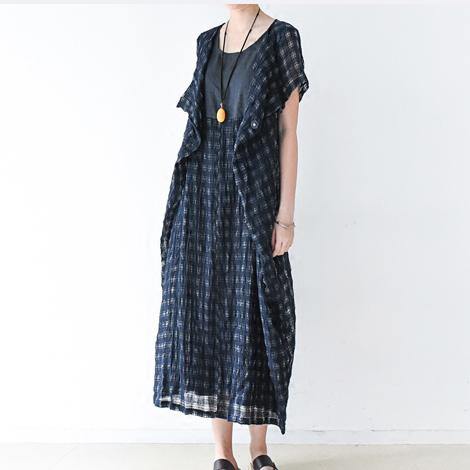 navy stylish linen dresses plus size sundress short sleeve maxi dress - Omychic