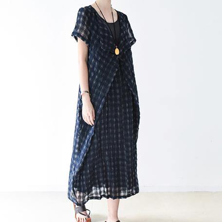 navy stylish linen dresses plus size sundress short sleeve maxi dress - Omychic