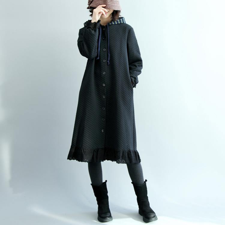 new black Parka oversized o neck quilted coat thick hem lace coats - Omychic