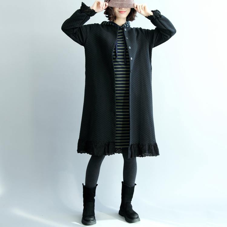 new black Parka oversized o neck quilted coat thick hem lace coats - Omychic