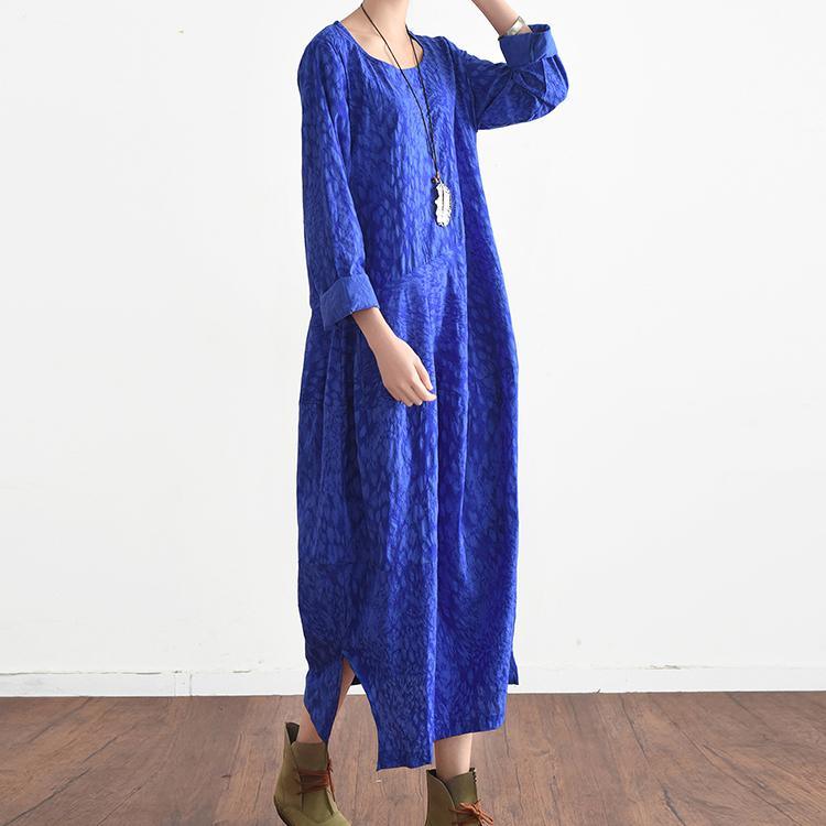 new blue prints cotton dresses plus size casual sundress long sleeve maxi dress - Omychic