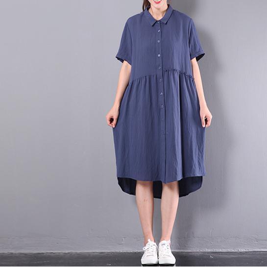 new navy cotton low high dress oversize casual shirt sundress short sleeve maxi dress - Omychic