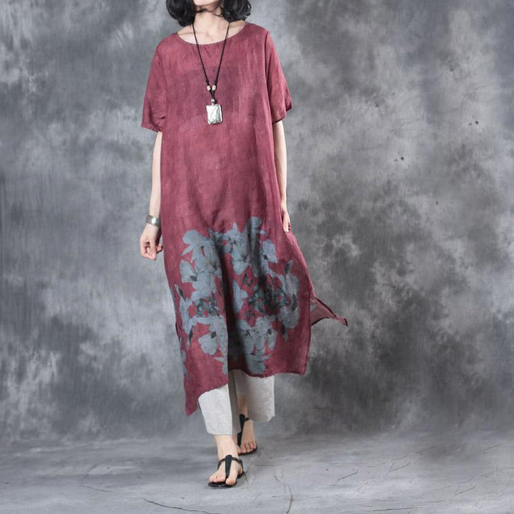 new summer burgundy prints linen casual dresses oversize vintage sundress o neck maxi dress - Omychic