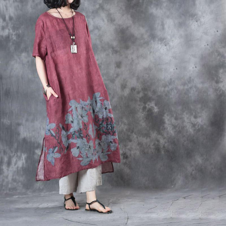 new summer burgundy prints linen casual dresses oversize vintage sundress o neck maxi dress - Omychic