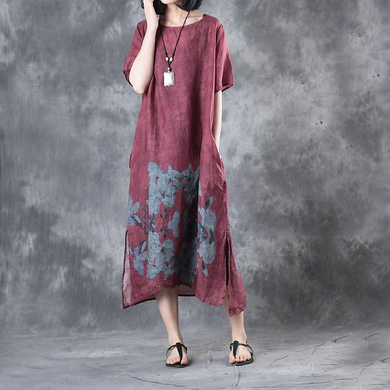 new summer burgundy prints linen casual dresses oversize vintage sundress o neck maxi dress - Omychic