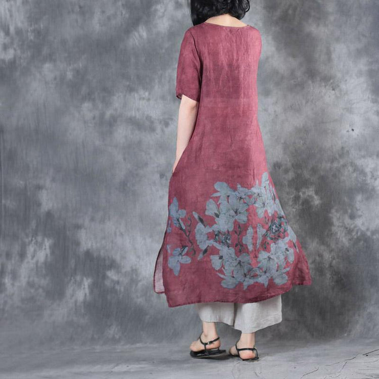 new summer burgundy prints linen casual dresses oversize vintage sundress o neck maxi dress - Omychic