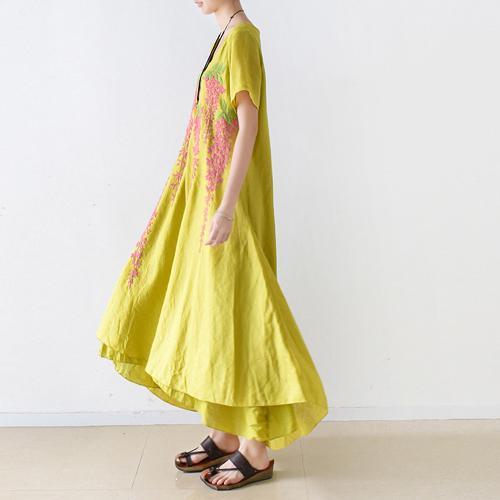 new yellow embroidery linen maxi dress oversize asymmetric sundress short sleeve dresses - Omychic