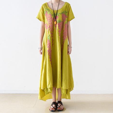 new yellow embroidery linen maxi dress oversize asymmetric sundress short sleeve dresses - Omychic