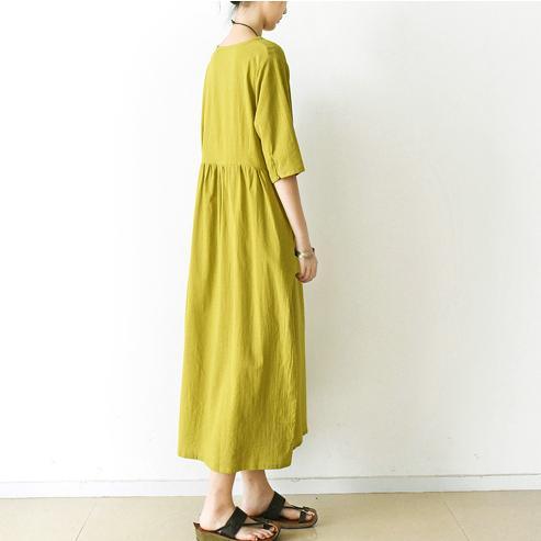 new yellow linen dresses plus size drawstring casual dresses half sleeve dress - Omychic