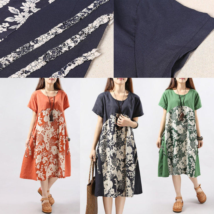 orange floral linen dresses patchwork oversize sundress short sleeve shirt dress - Omychic