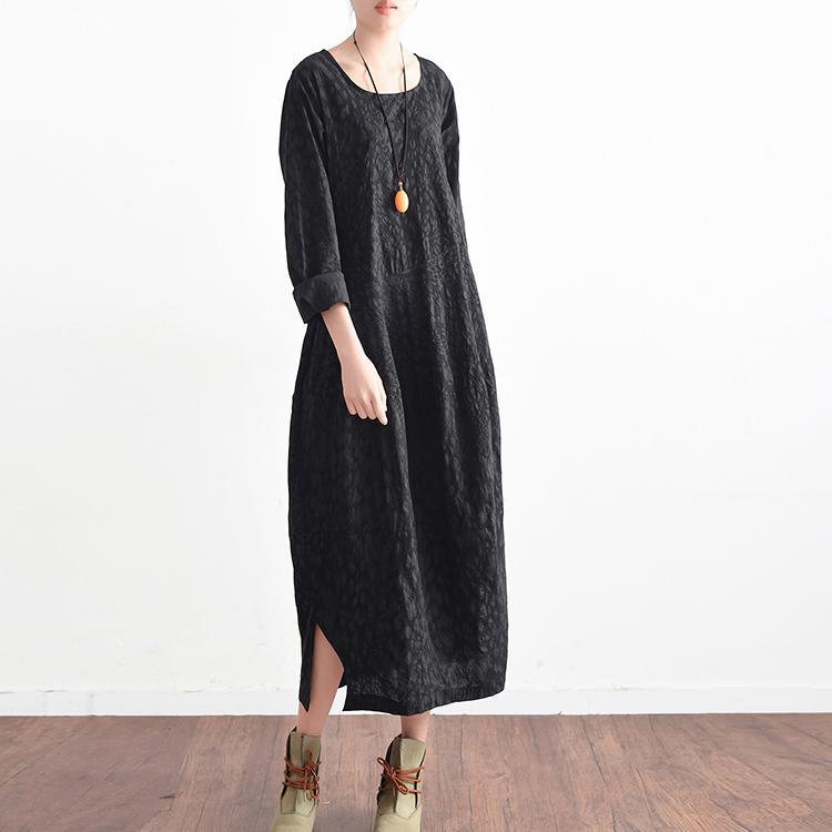 original black print maxi dress plus size vintage cotton dress long sleeve sundress - Omychic