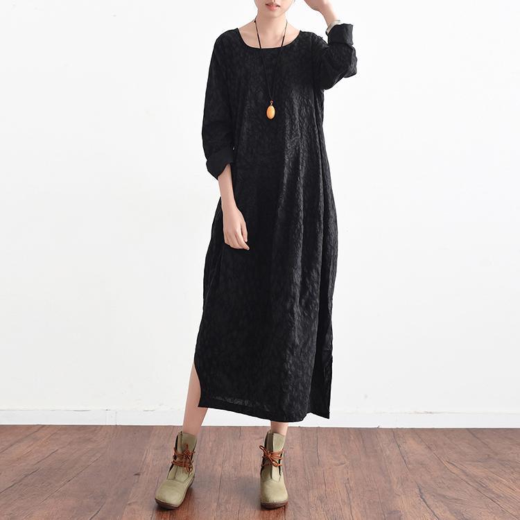 original black print maxi dress plus size vintage cotton dress long sleeve sundress - Omychic